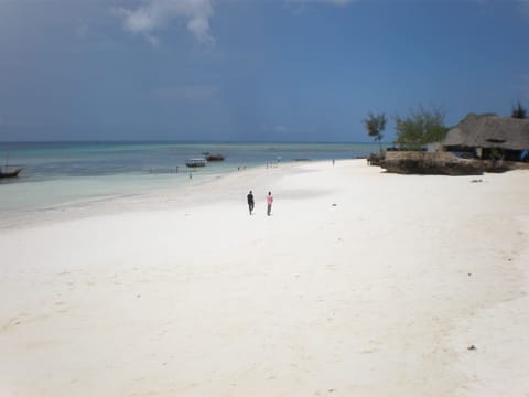 On the beach, white sand, sun loungers, beach umbrellas