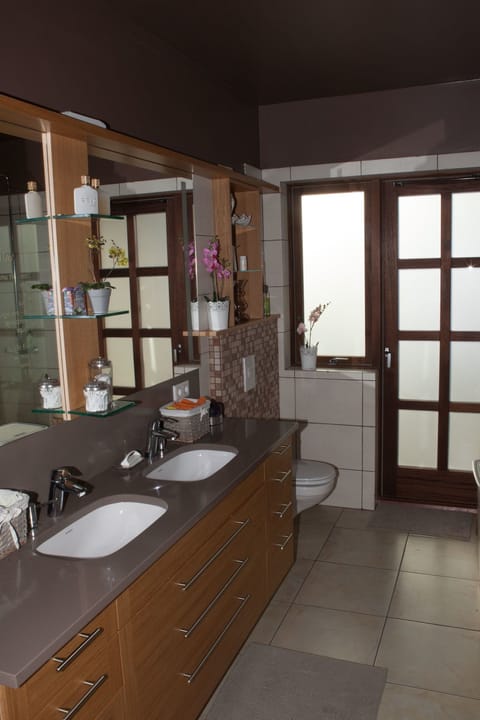 Separate tub and shower, free toiletries, hair dryer, bathrobes