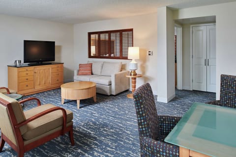 Suite, 1 King Bed | Living area | 49-inch flat-screen TV with cable channels, TV, pay movies