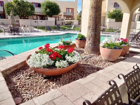 Sparkling pool and heated spa, washrooms at pool area