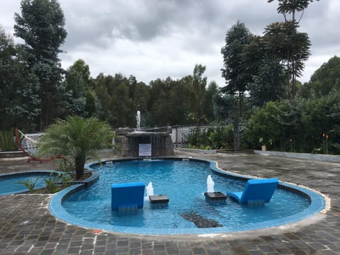 Outdoor pool, pool umbrellas, sun loungers