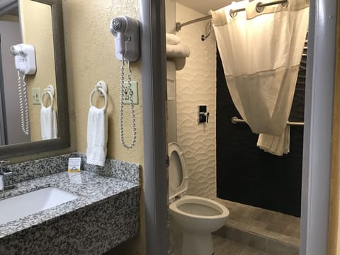 Combined shower/tub, free toiletries, hair dryer, towels