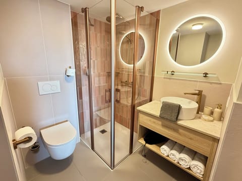 Shower, rainfall showerhead, hair dryer, towels