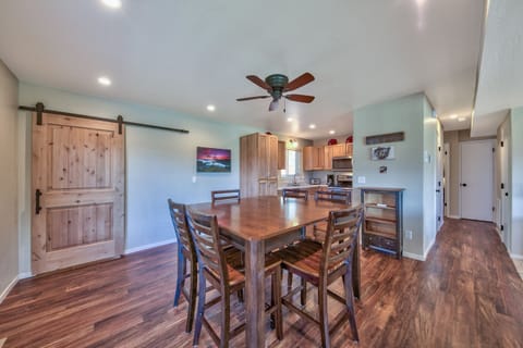 This high dining table looks great, seats the whole fam (8 total), and is perfect for eating a meal or playing cards