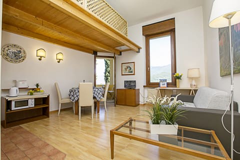 The living room with sofa bed, coffe table and dinner table taken from the entry