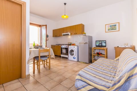 Open plan living room with kitchen and sleeping sofa for 2