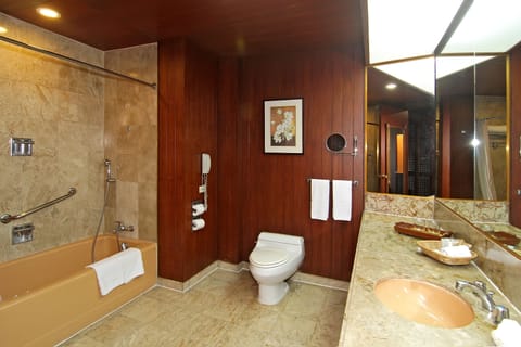 Combined shower/tub, hair dryer, bathrobes, slippers