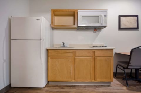 Full-size fridge, microwave, stovetop