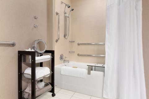 Combined shower/tub, free toiletries, towels