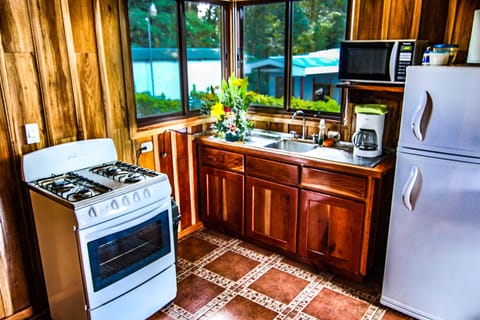 Cabin | Private kitchen | Full-size fridge, microwave, oven, stovetop