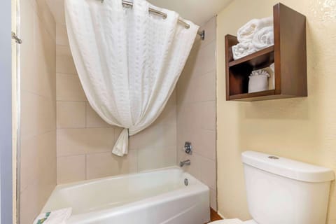 Combined shower/tub, free toiletries, hair dryer, towels