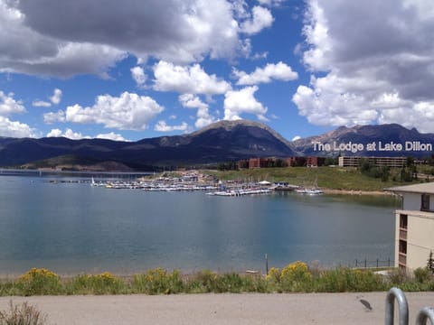 The Lodge at Lake Dillon is the light tan building below the caption.