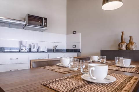 Deluxe Apartment | Private kitchen | Fridge, microwave, electric kettle, cookware/dishes/utensils