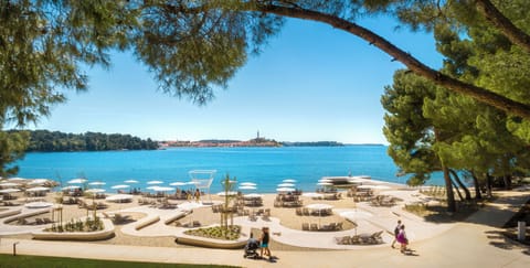 On the beach, sun loungers, beach umbrellas, beach towels