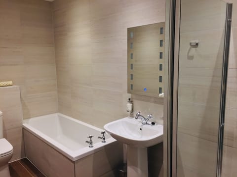 Combined shower/tub, free toiletries, hair dryer, towels