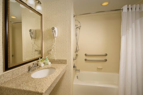 Combined shower/tub, free toiletries, hair dryer, towels