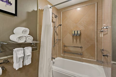 Combined shower/tub, free toiletries, hair dryer, towels