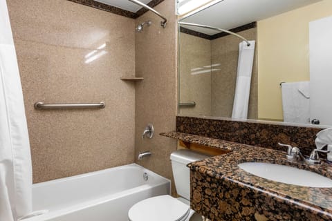 Combined shower/tub, free toiletries, hair dryer, towels