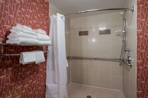 Combined shower/tub, free toiletries, hair dryer, towels