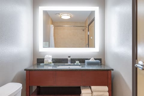 Combined shower/tub, free toiletries, hair dryer, towels