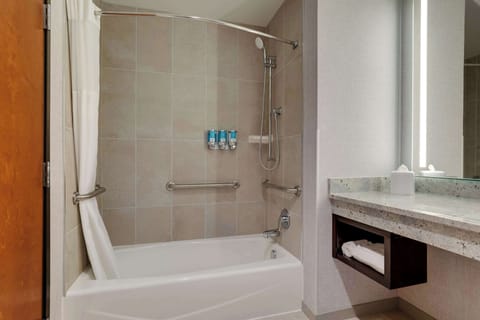 Combined shower/tub, free toiletries, hair dryer