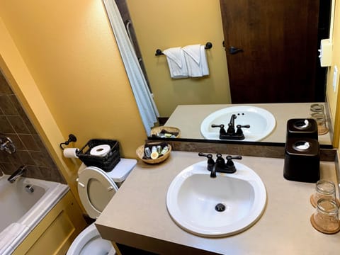 Standard Room, 1 Queen Bed (Room 206) | Bathroom | Combined shower/tub, jetted tub, hair dryer, towels