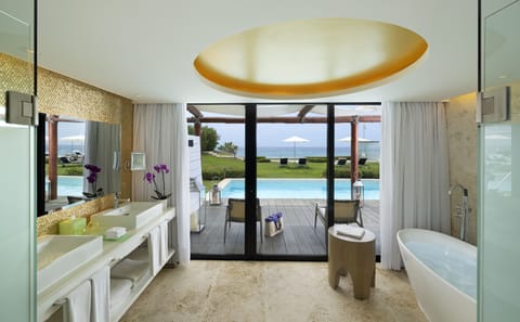 The Reserve Master Suite Ocean Front Swim Up | Bathroom | Shower, rainfall showerhead, eco-friendly toiletries, hair dryer