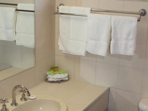 Combined shower/tub, free toiletries, hair dryer, towels