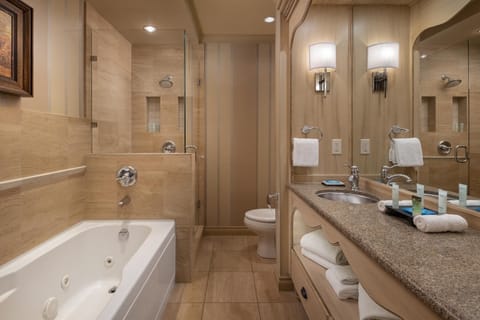 Separate tub and shower, jetted tub, free toiletries, hair dryer