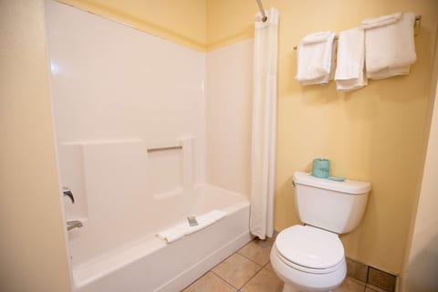 Combined shower/tub, free toiletries, hair dryer, towels