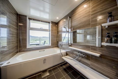 Separate tub and shower, deep soaking tub, rainfall showerhead