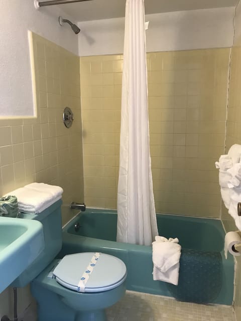 Combined shower/tub, free toiletries, hair dryer, towels