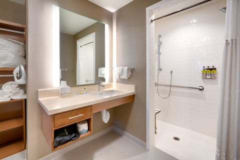 Suite, 1 Bedroom, Accessible, Kitchen (Mobility,Roll-In Shower) | Bathroom | Combined shower/tub, hair dryer, towels, soap