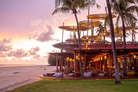 On the beach, sun loungers, beach umbrellas, beach towels