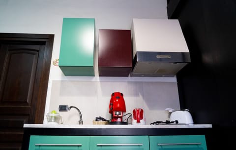 Fridge, microwave, electric kettle, cookware/dishes/utensils