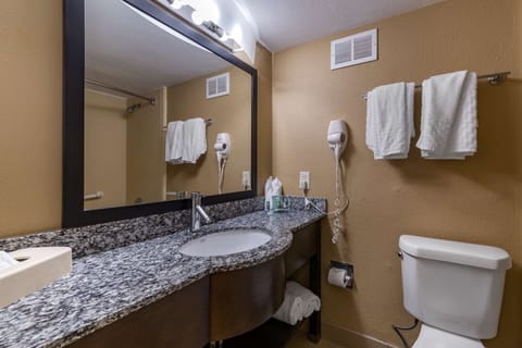 Combined shower/tub, free toiletries, hair dryer, towels