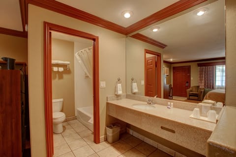 Suite, 1 King Bed, Jetted Tub | Bathroom | Combined shower/tub, free toiletries, hair dryer, towels