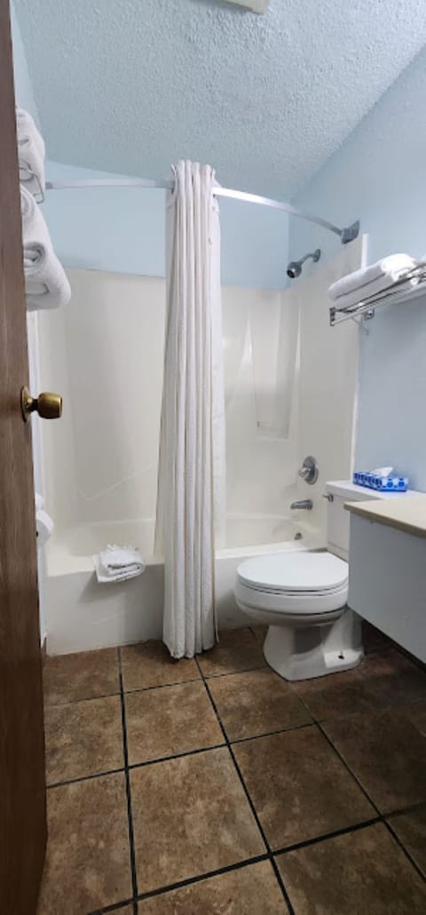 Combined shower/tub, free toiletries, hair dryer, towels