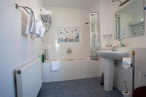 Combined shower/tub, free toiletries, hair dryer, bathrobes