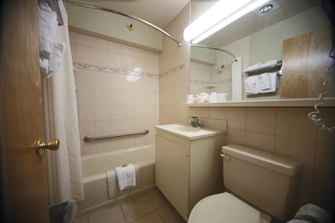 Combined shower/tub, deep soaking tub, free toiletries, hair dryer