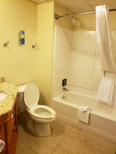 Combined shower/tub, free toiletries, towels