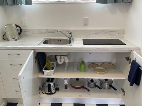 Fridge, microwave, electric kettle, toaster