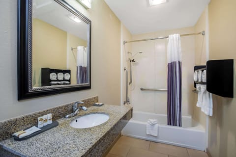 Combined shower/tub, eco-friendly toiletries, hair dryer, towels