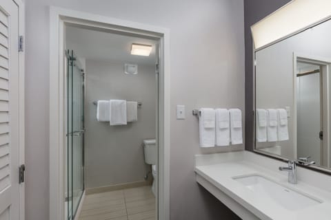 Combined shower/tub, free toiletries, hair dryer, towels