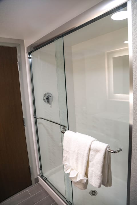 Combined shower/tub, free toiletries, hair dryer, towels