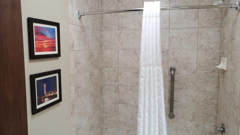 Combined shower/tub, hair dryer, towels