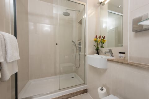 Shower, eco-friendly toiletries, hair dryer, towels