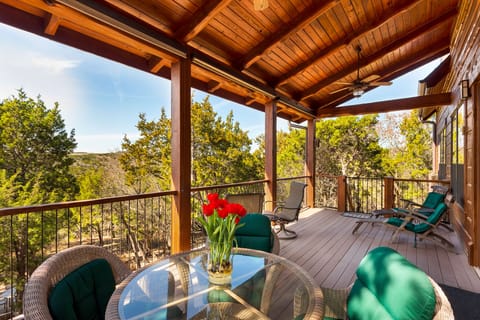 20' covered deck with views of the Texas Hill Country. Great place for dinner.