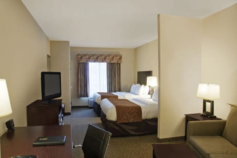 Deluxe Suite, 2 Queen Beds | Desk, laptop workspace, blackout drapes, iron/ironing board