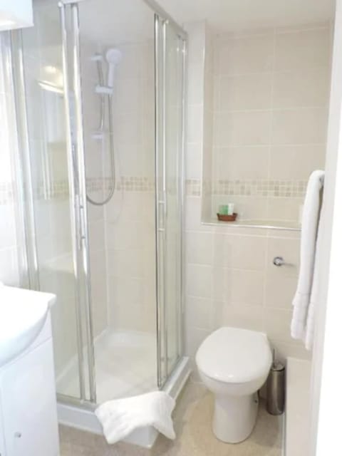 Combined shower/tub, free toiletries, hair dryer, towels